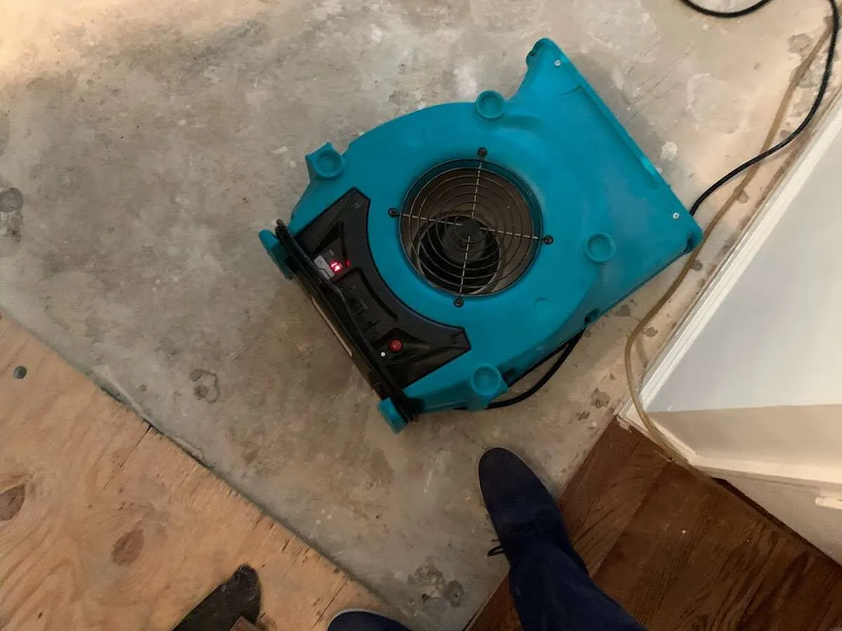 Air mover drying subfloor during Leak Detection & Repair in East Haddam